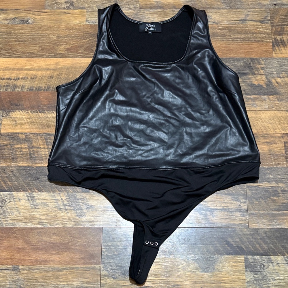 Noir Black Faux Leather Bodysuit Top by‎ Nina Parker